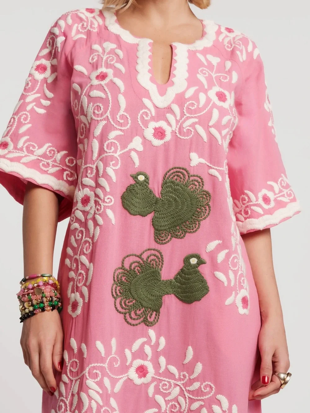 Frances Valentine Peacock Caftan Maxi Dress Women Small Pink Green White